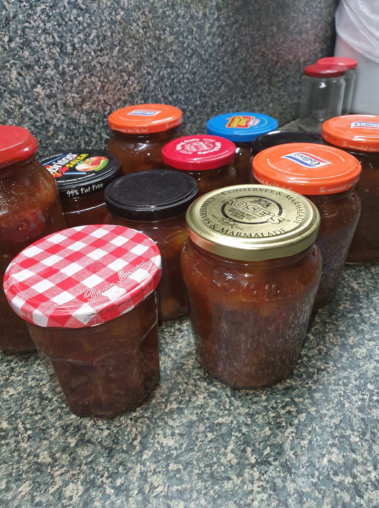 Image of finished chutney, in 10 jars.